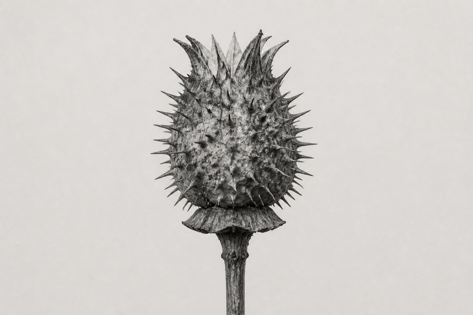 Archival monochrome photograph of a centered Datura seed capsule
