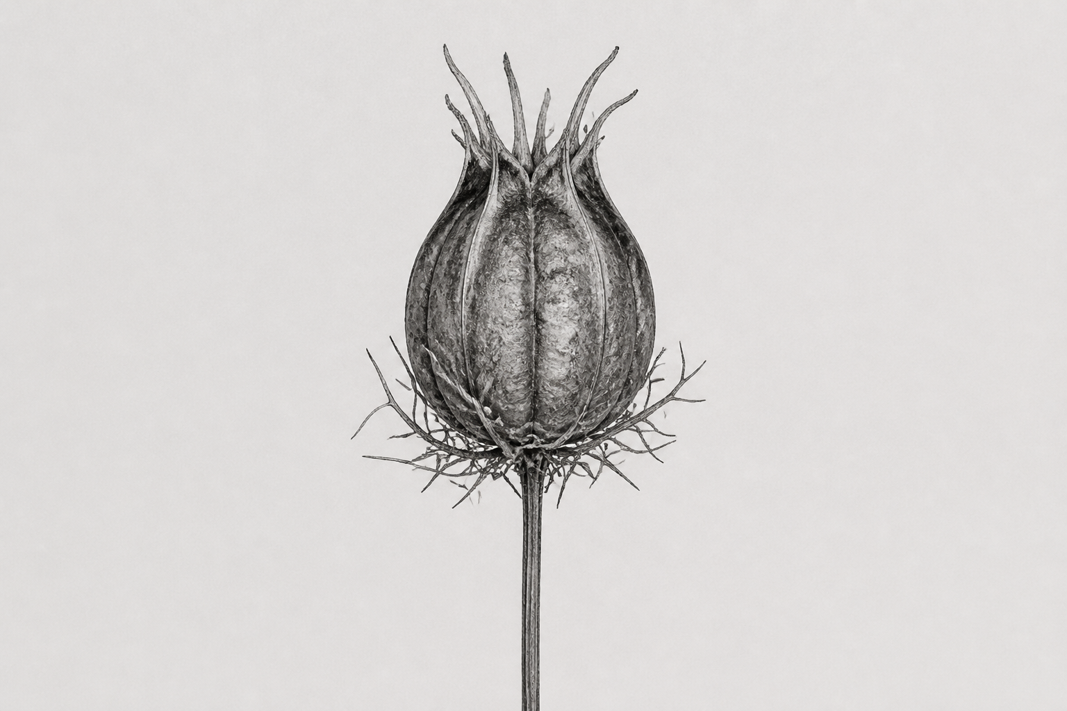 Archival monochrome photograph of a centered Nigella seed capsule