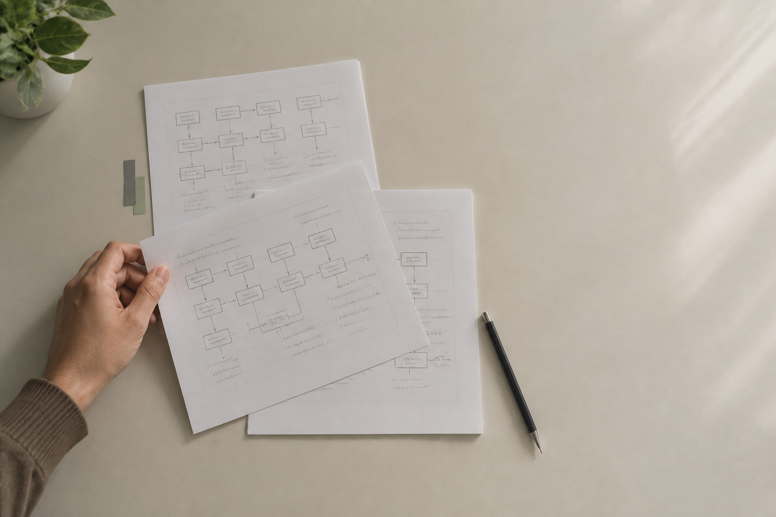A hand reviewing workflow diagrams on a quiet worktable